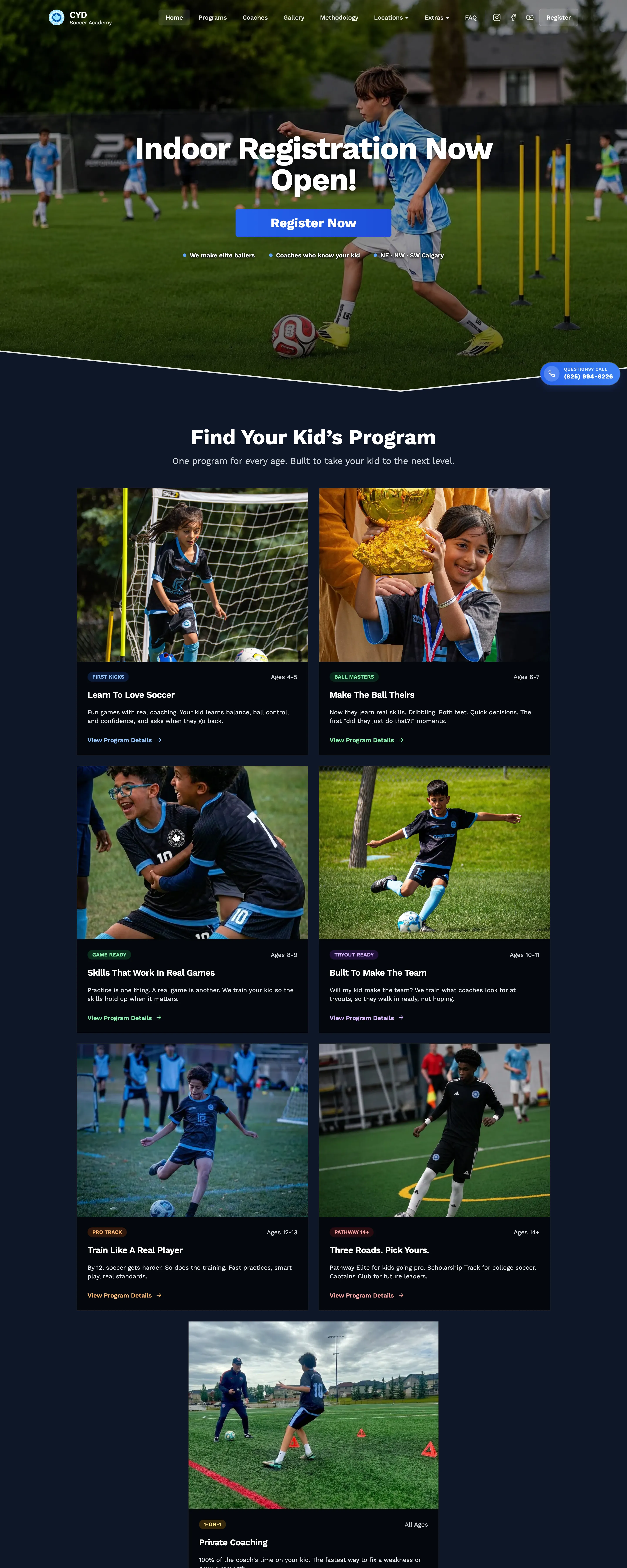 CYD Soccer Academy website on a desktop screen