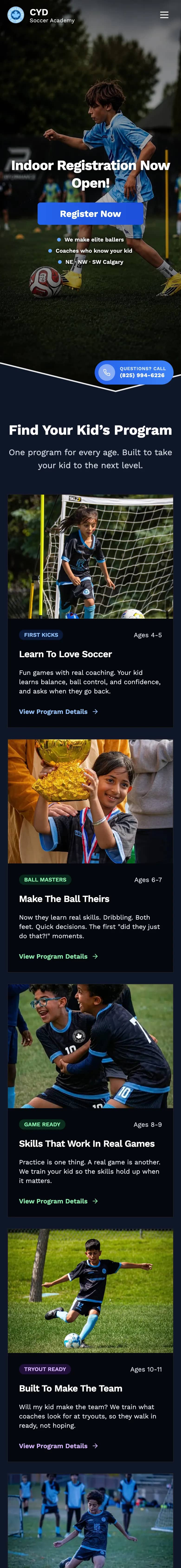 CYD Soccer Academy website on a phone